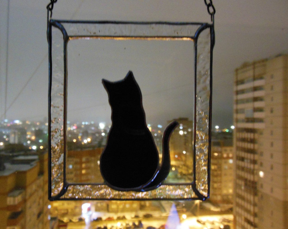 Black Cat in Frame Stained Glass Suncatcher