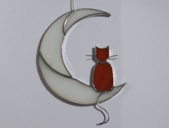 Ginger Cat On The Moon stained glass window hanging Suncatcher . Gift for animal lover , pet loss memorial , orange