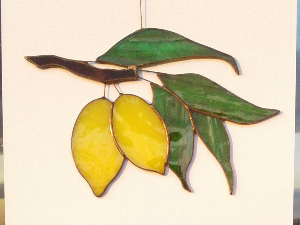 Yellow Lemons on Branch with Green Foliage . Art stained glass window hanging Suncatcher . Leaves leaf , Fruit Kitchen Decor