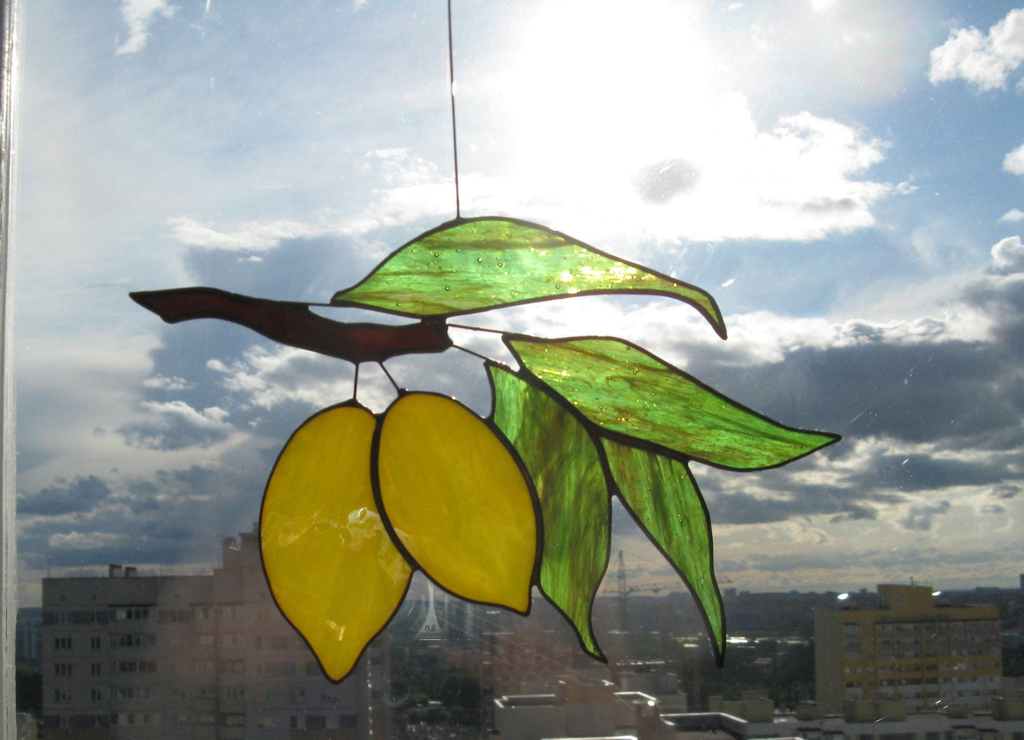 Yellow Lemons on Branch with Green Foliage . Art stained glass window hanging Suncatcher . Leaves leaf , Fruit Kitchen Decor