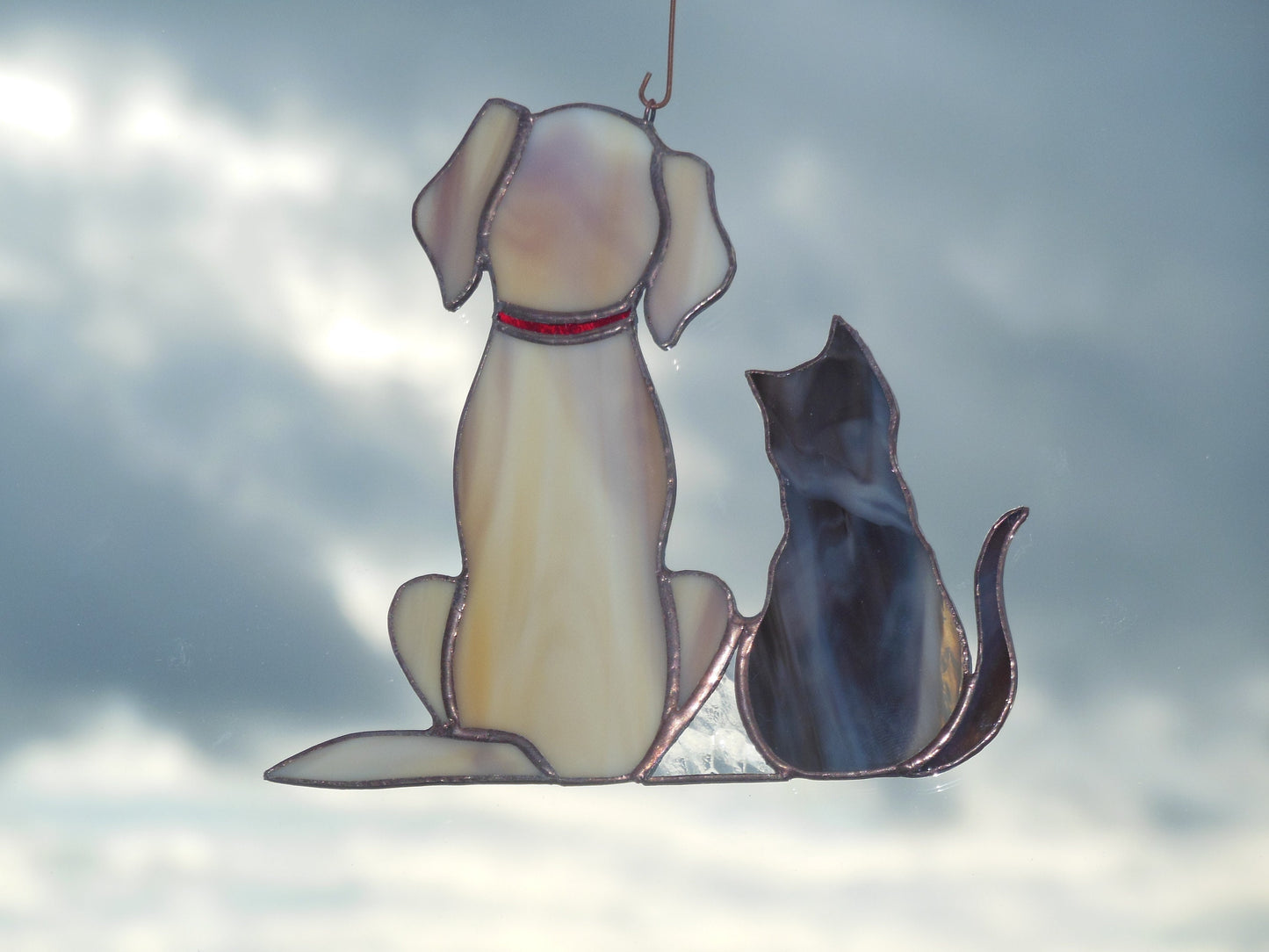 Dog and Cat , Retriever Labrador , Art stained glass hanging . Gift animal lover , pet loss memorial , Golden , black , white , gray , beige