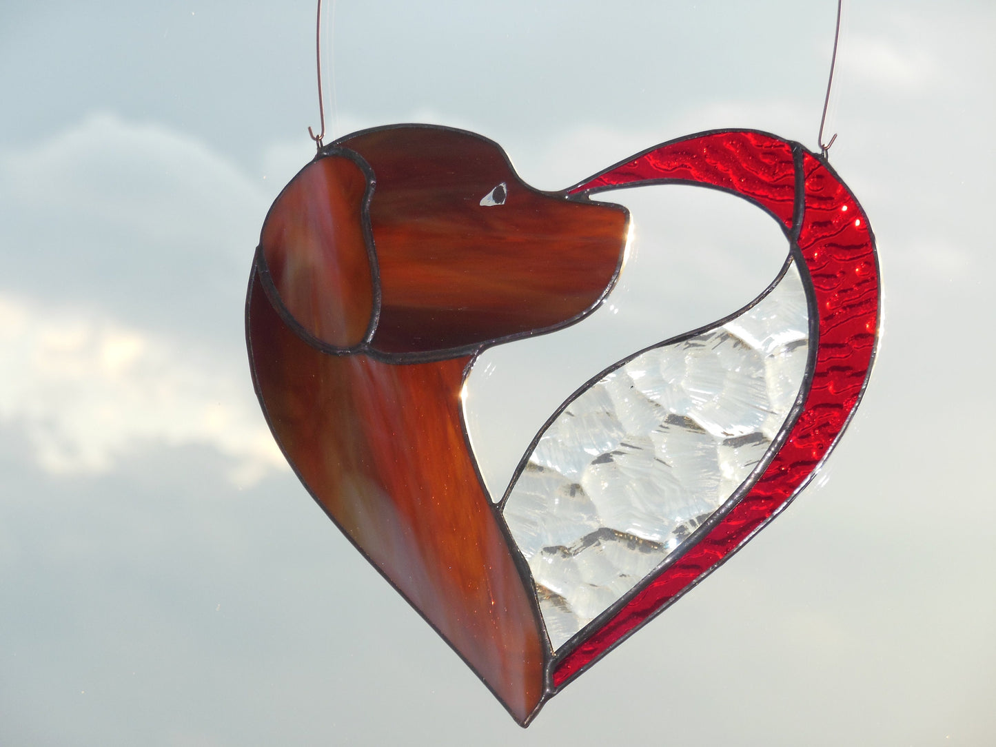 Dog Dark Brown Chocolate in Heart . Art stained glass window hanging Suncatcher . Gift for animal lover , pet loss memorial