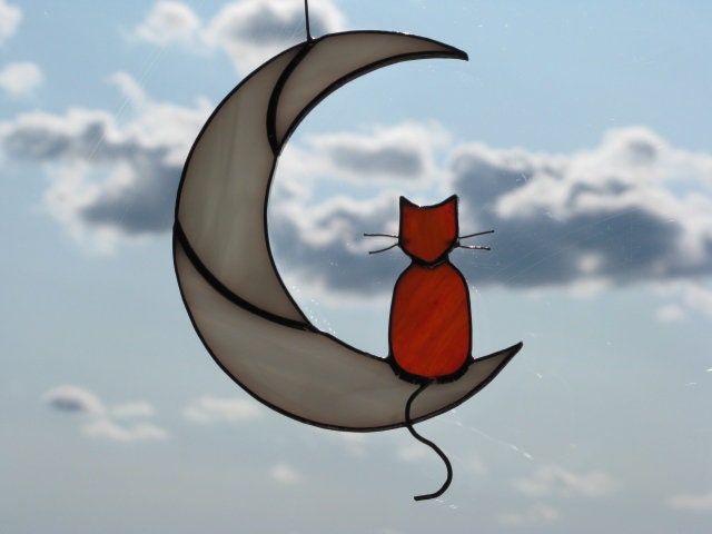 Ginger Cat On The Moon stained glass window hanging Suncatcher . Gift for animal lover , pet loss memorial , orange
