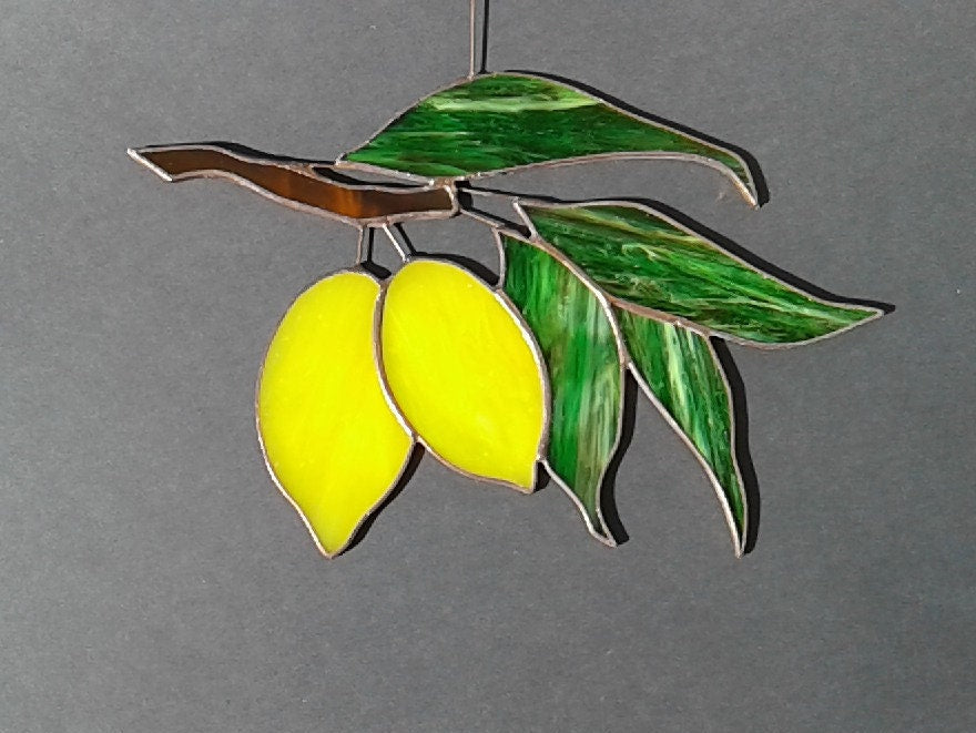 Yellow Lemons on Branch with Green Foliage . Art stained glass window hanging Suncatcher . Leaves leaf , Fruit Kitchen Decor