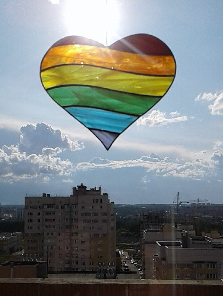 Rainbow Heart . Art stained glass window hanging Suncatcher , LGBTQ pride