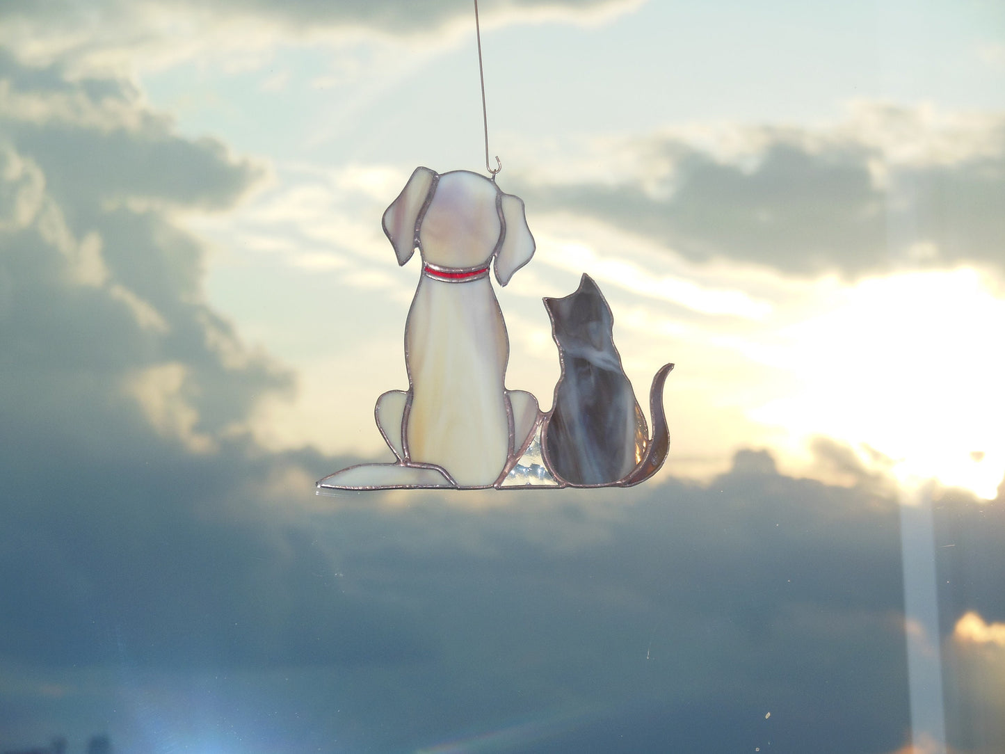 Dog and Cat , Retriever Labrador , Art stained glass hanging . Gift animal lover , pet loss memorial , Golden , black , white , gray , beige
