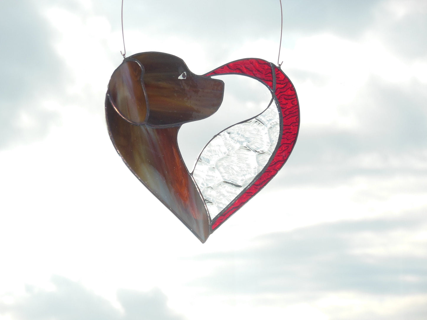 Dog Dark Brown Chocolate in Heart . Art stained glass window hanging Suncatcher . Gift for animal lover , pet loss memorial