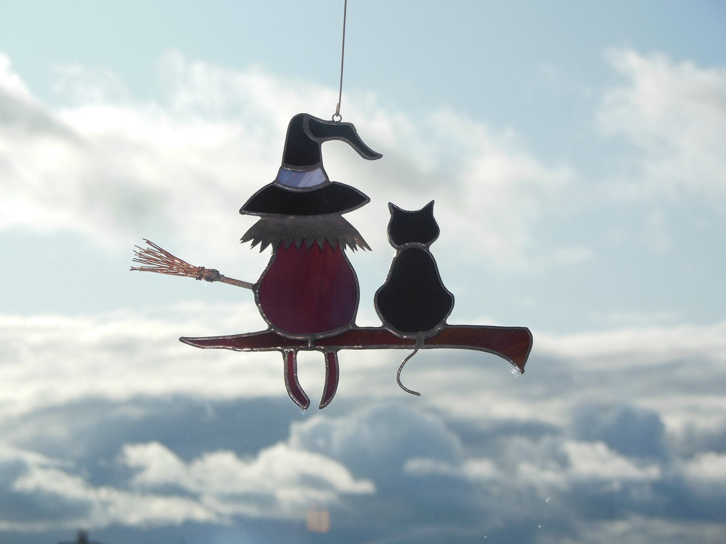 Victorian Witch with Black Cat Halloween , Art stained glass window hanging Suncatcher