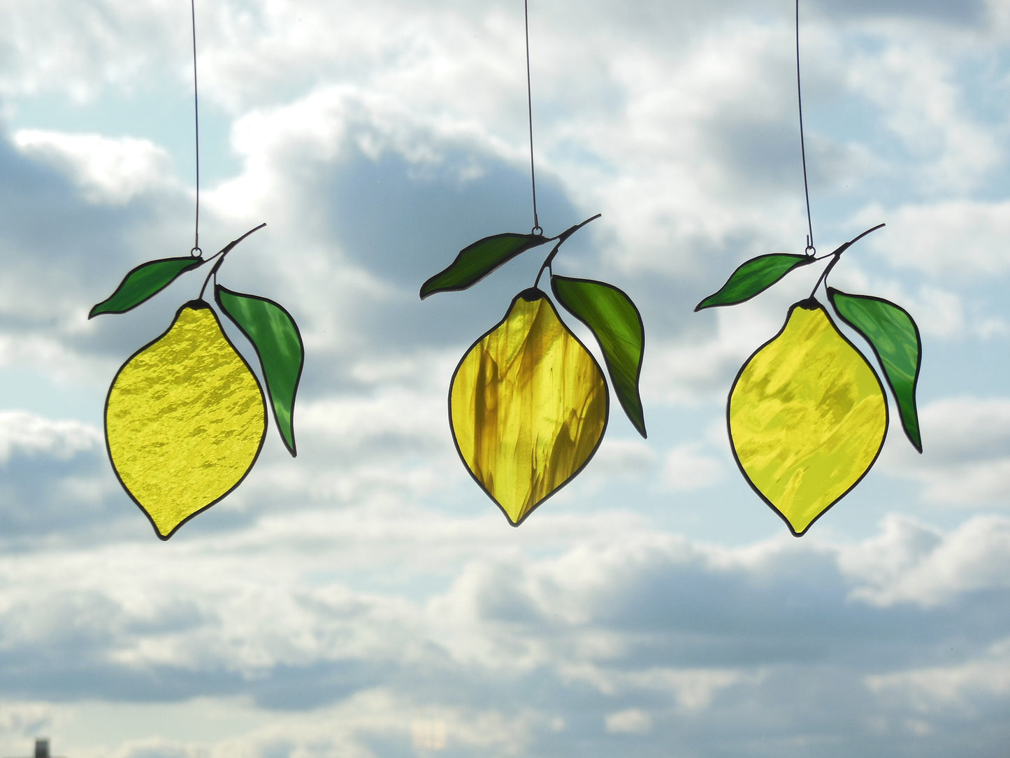 Yellow Lemon . Art stained glass window hanging Suncatcher (texture S ) kitchen fruit berries