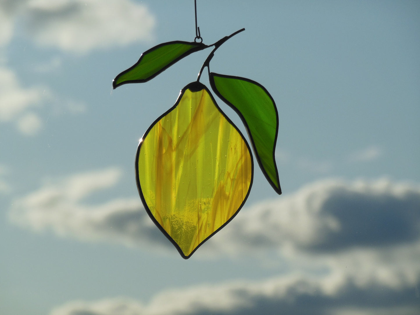 Yellow Lemon . Art stained glass window hanging Suncatcher (texture S ) kitchen fruit berries
