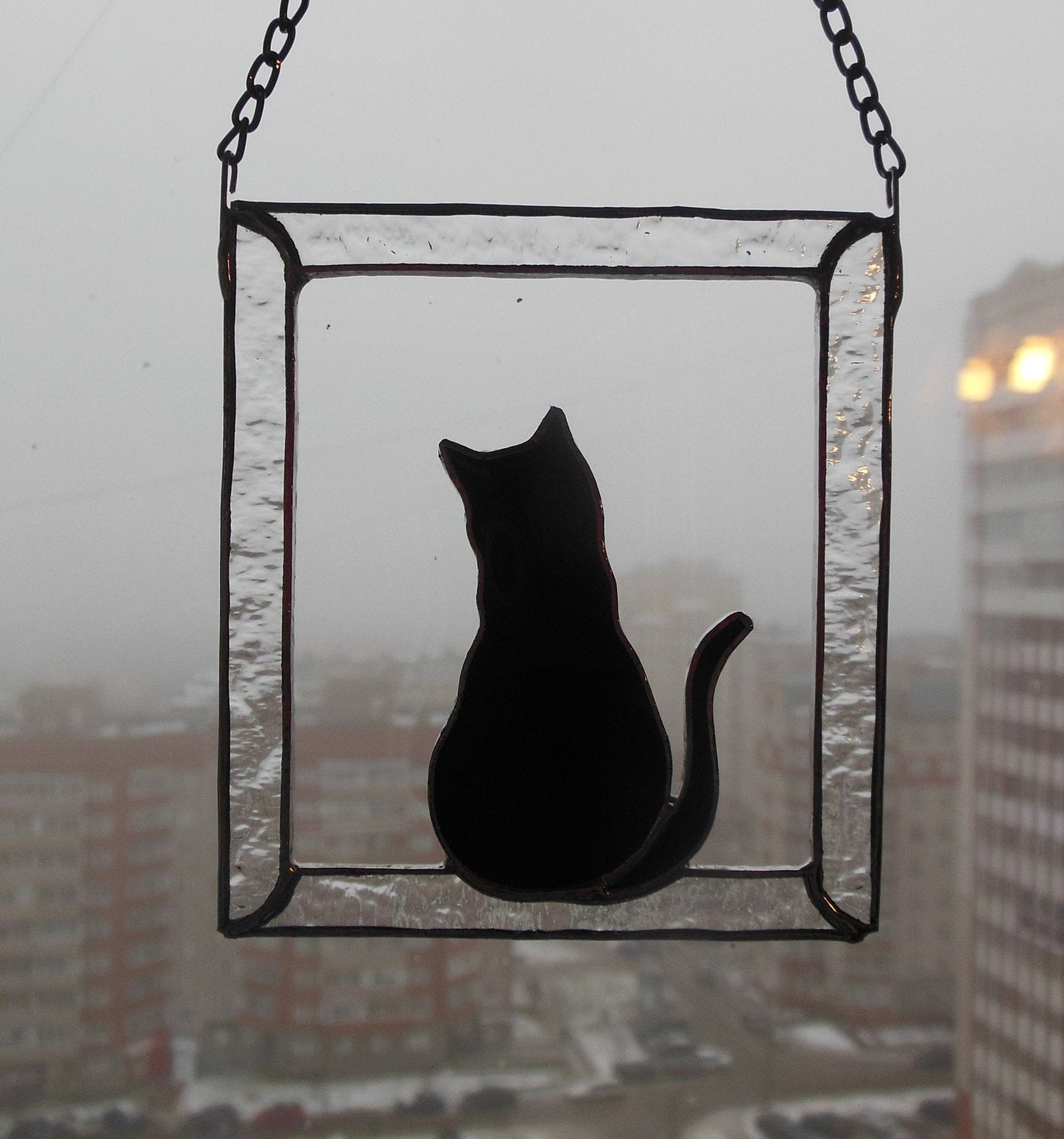 Black Cat in Frame Stained glass window hanging Suncatcher . Gift for animal lover, pet loss memorial .