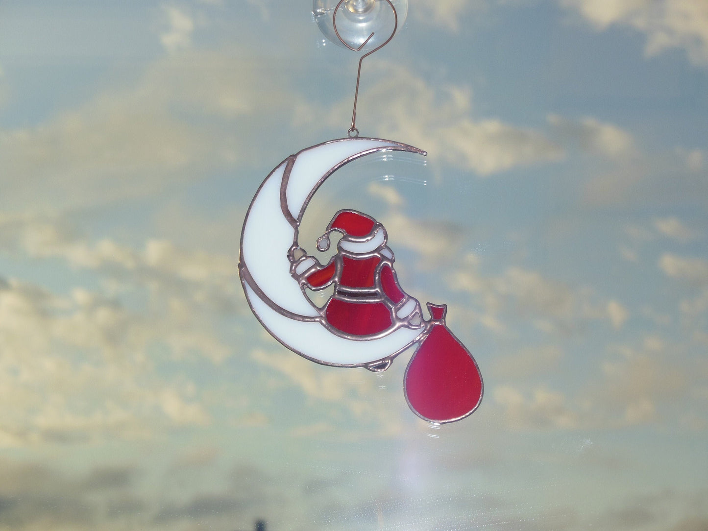 Santa Claus on the Moon . Idea for Christmas gift . Art stained glass window hanging Suncatcher , suspension Suncatcher . Red and White