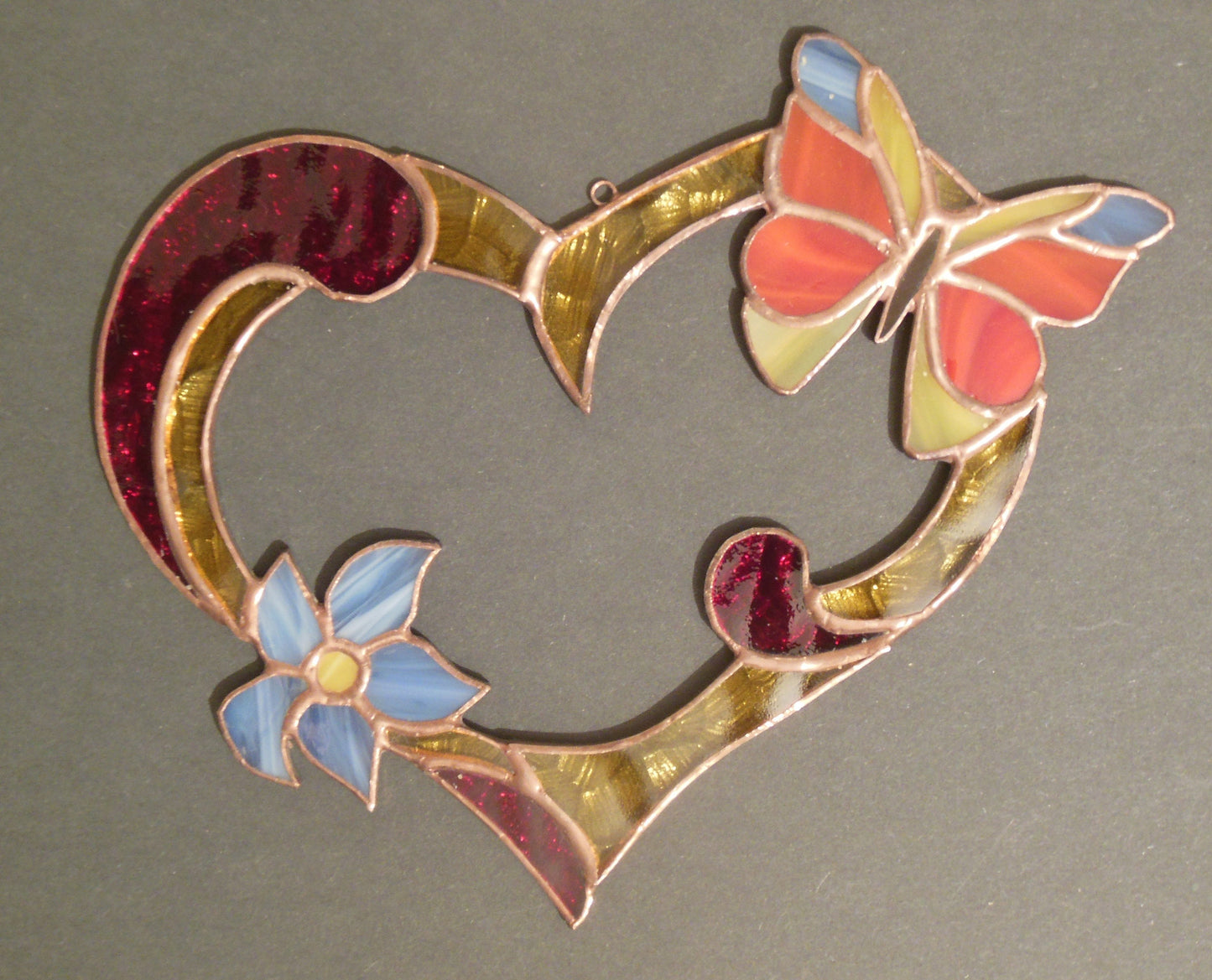 Valentine Heart with Flower and Butterfly . Red Yellow Blue . Art Stained glass window hanging Suncatcher