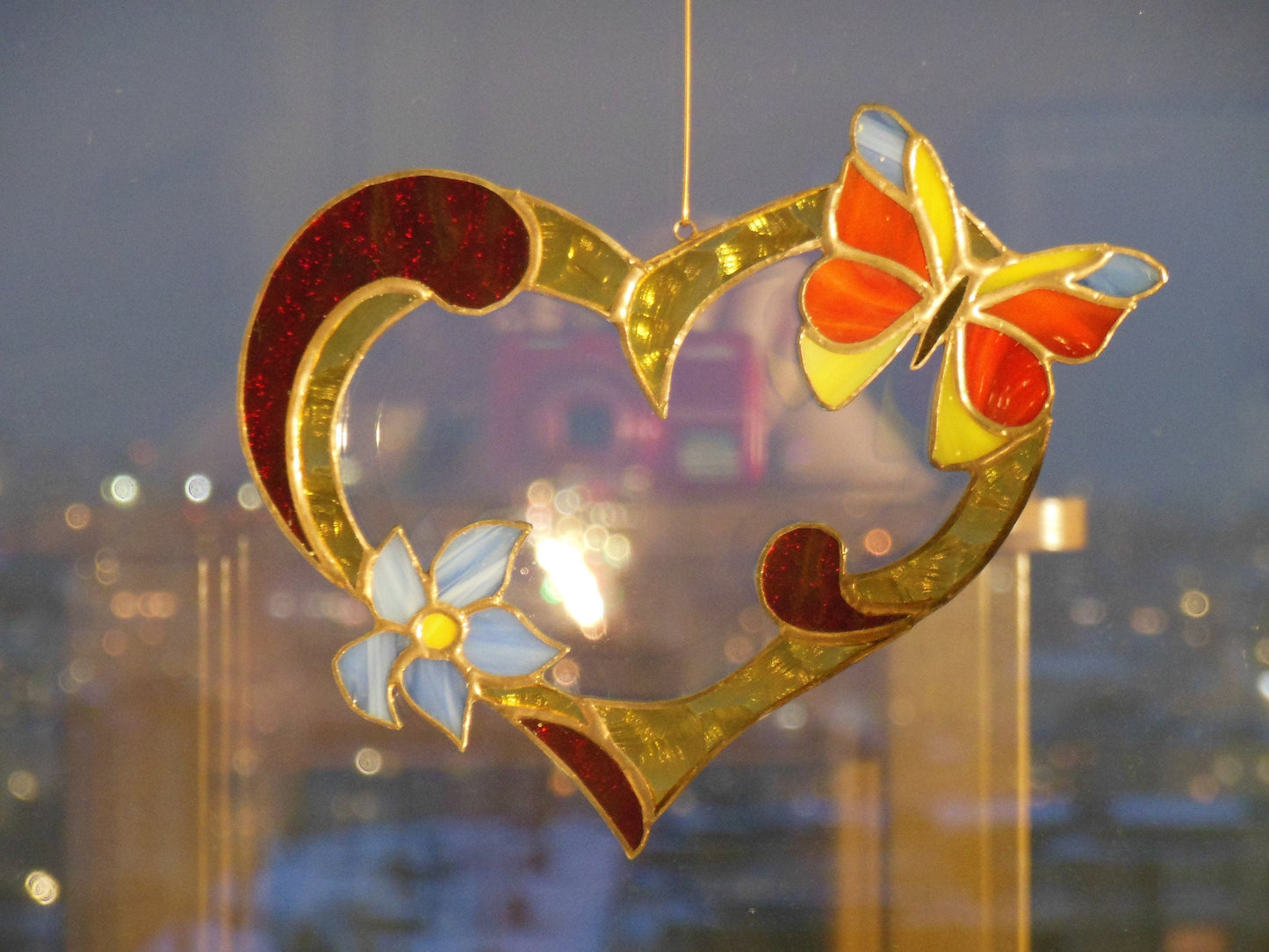 Valentine Heart with Flower and Butterfly . Red Yellow Blue . Art Stained glass window hanging Suncatcher