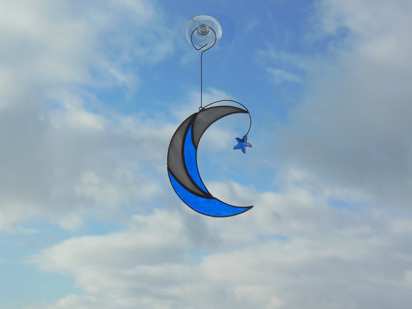 Moon with Shooting Star Swarovski Сrystal . Stained glass window hanging Suncatcher , idea for anniversary , birthday and Christmas gift