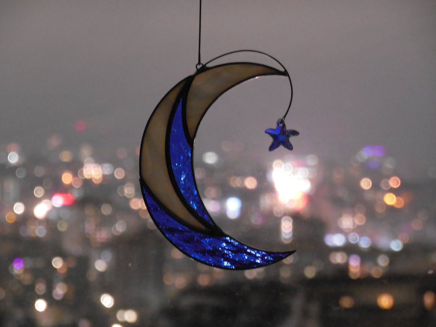 Moon with Shooting Star Swarovski Сrystal . Stained glass window hanging Suncatcher , idea for anniversary , birthday and Christmas gift
