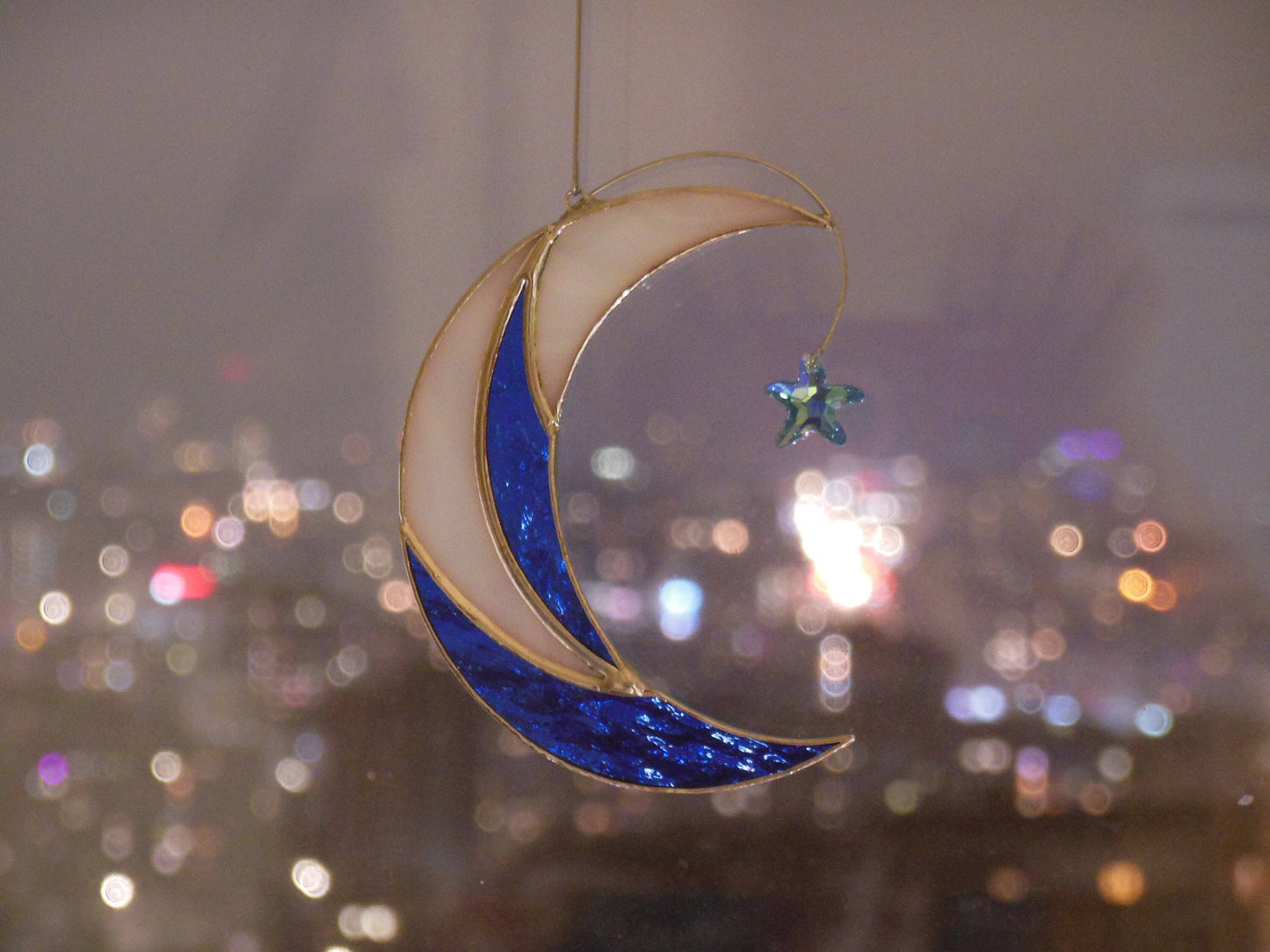 Moon with Shooting Star Swarovski Сrystal . Stained glass window hanging Suncatcher , idea for anniversary , birthday and Christmas gift