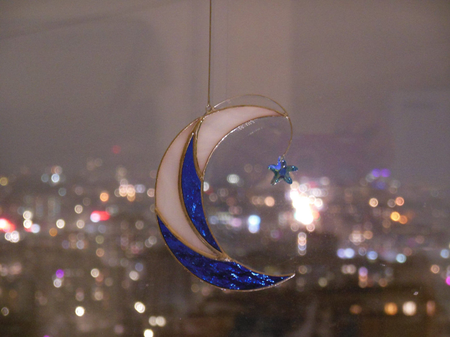 Moon with Shooting Star Swarovski Сrystal . Stained glass window hanging Suncatcher , idea for anniversary , birthday and Christmas gift