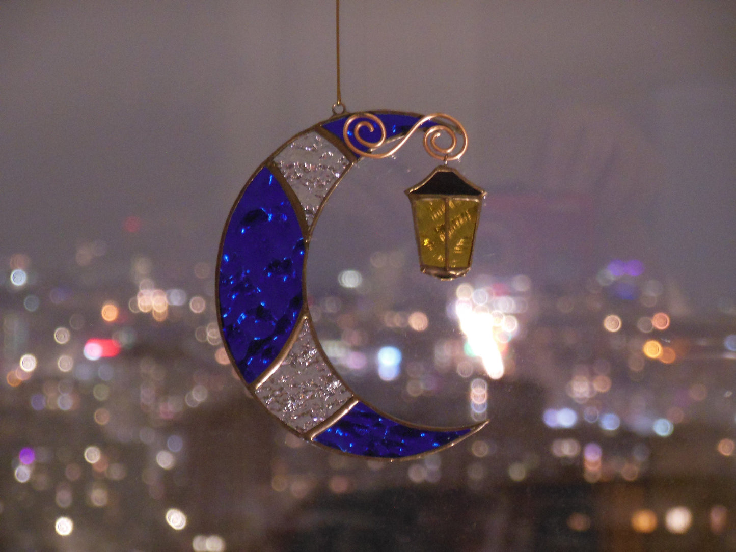 Moon with Street Light . Stained glass window hanging Suncatcher , idea for anniversary , birthday and Christmas gift