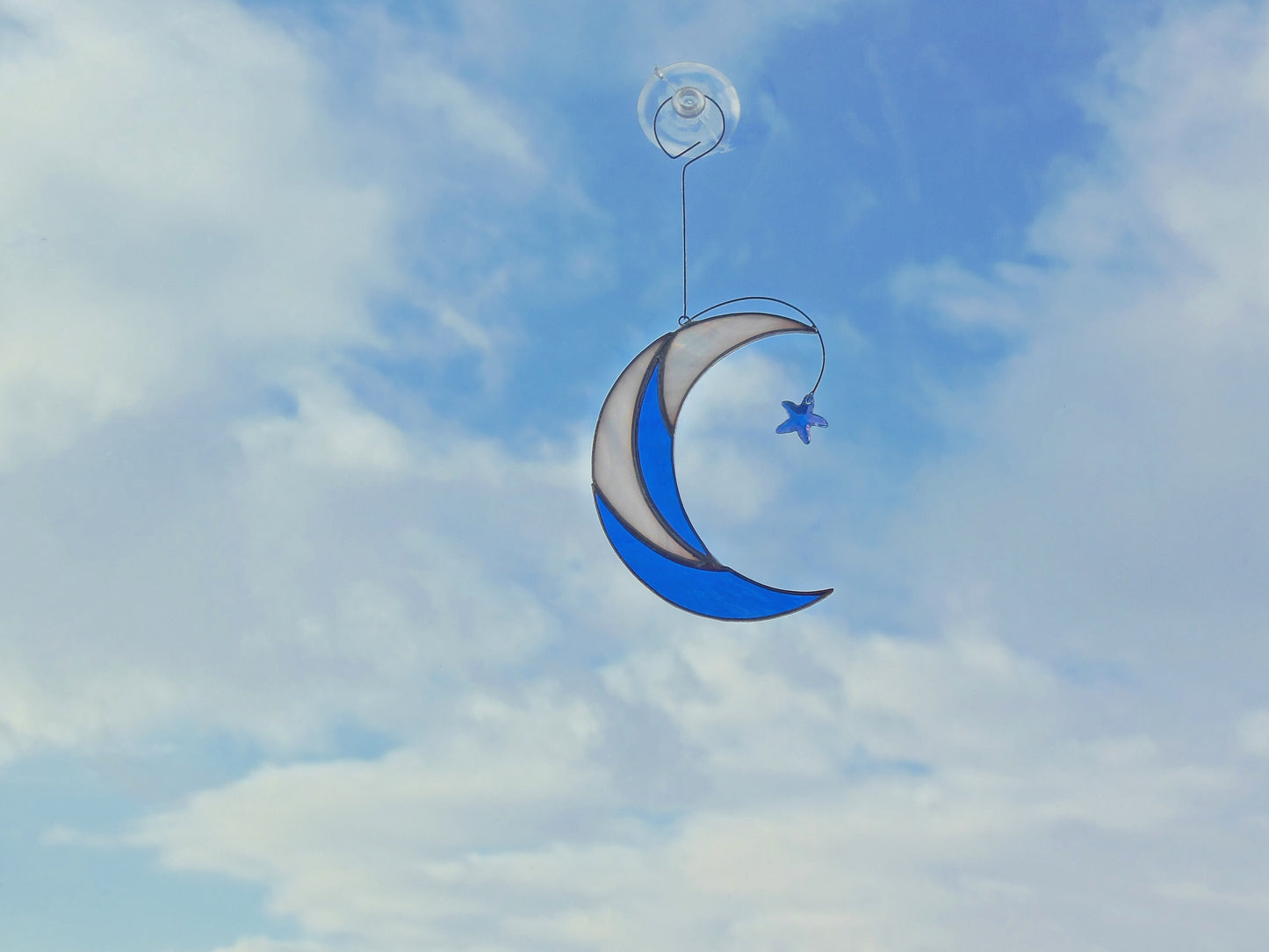 Moon with Shooting Star Swarovski Сrystal . Stained glass window hanging Suncatcher , idea for anniversary , birthday and Christmas gift