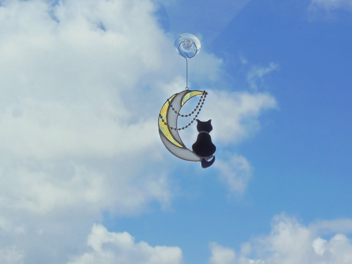 Black Cat On Moon with Chains . Art stained glass hanging Suncatcher . Gift for animal lover , pet loss memorial . White , yellow , black