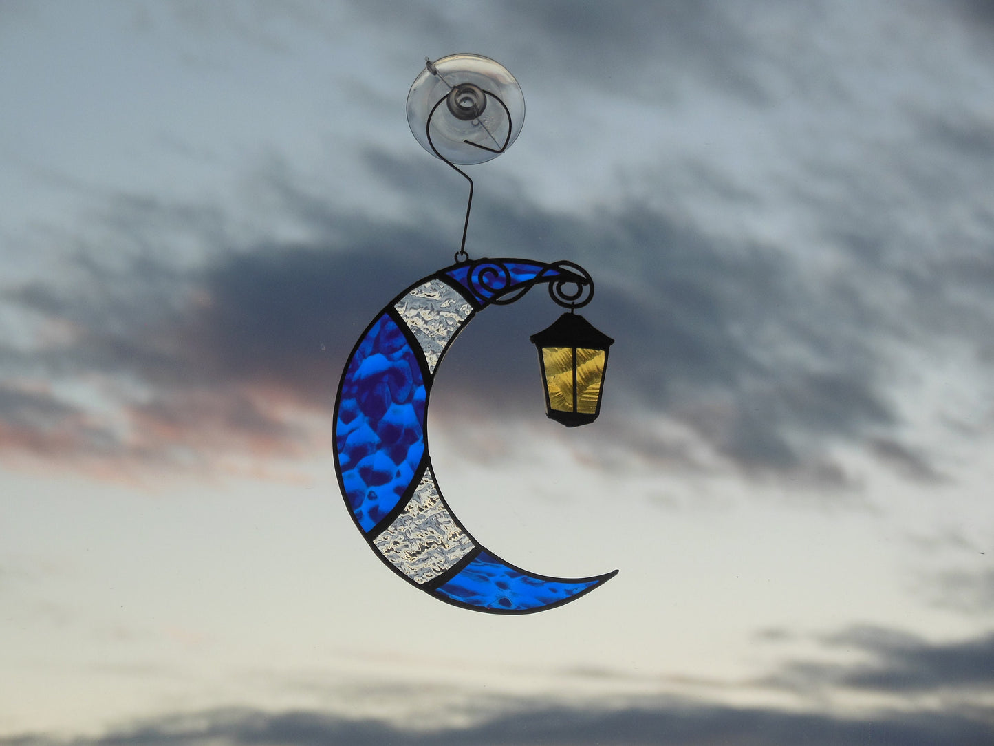 Moon with Street Light . Stained glass window hanging Suncatcher , idea for anniversary , birthday and Christmas gift
