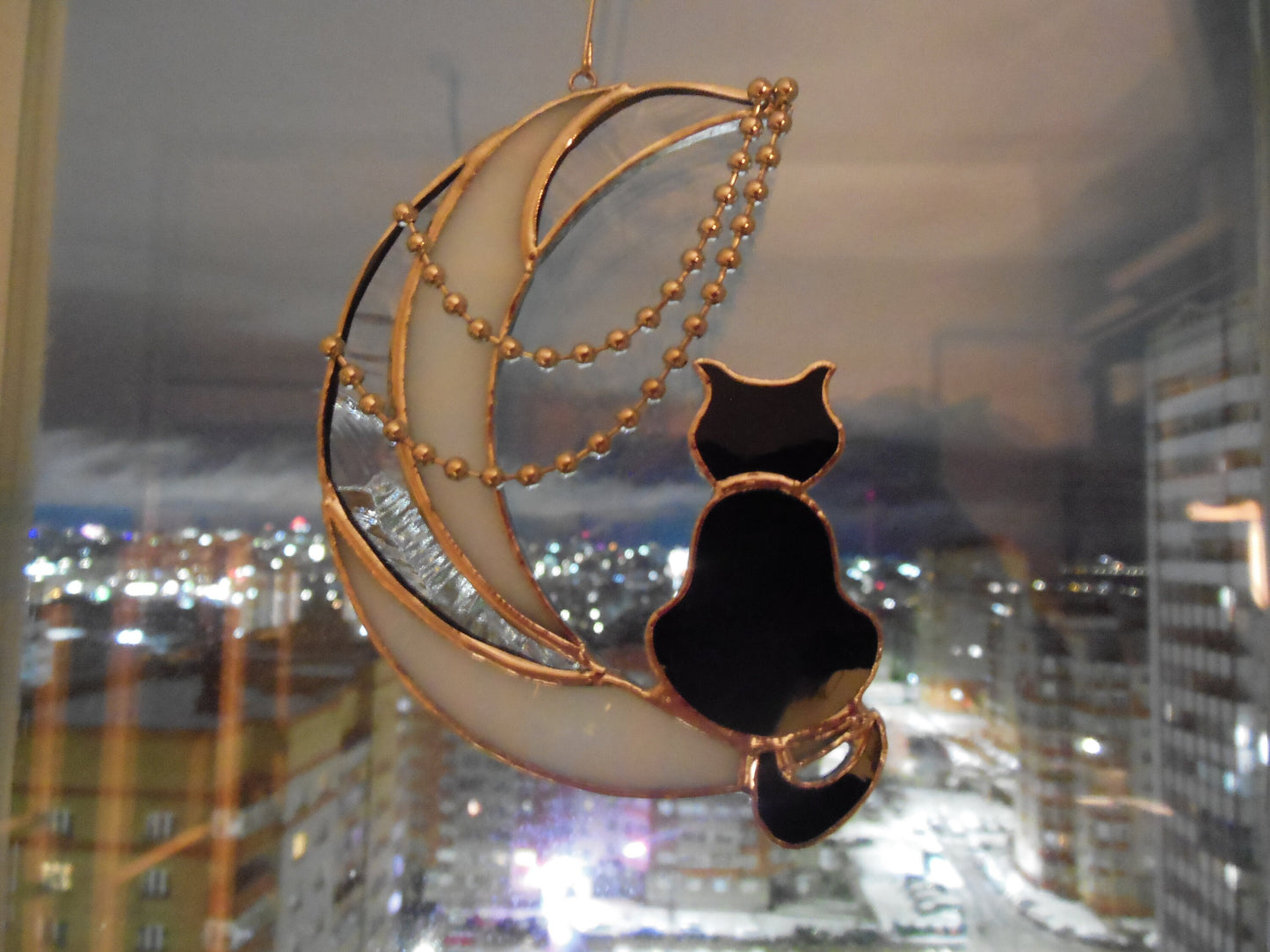 Black Cat On The Moon with Chains . Art stained glass window hanging Suncatcher . Gift for animal lover , pet loss memorial . White , black