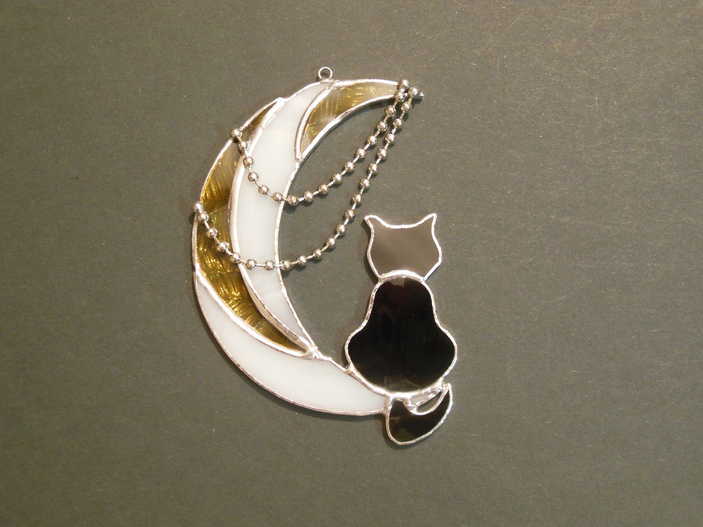 Black Cat On Moon with Chains . Art stained glass hanging Suncatcher . Gift for animal lover , pet loss memorial . White , yellow , black
