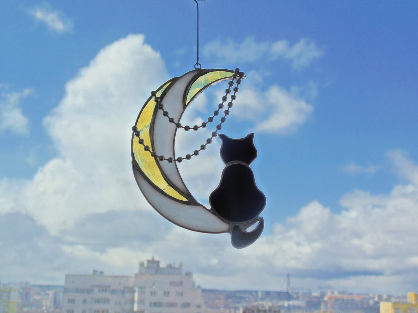 Black Cat On Moon with Chains . Art stained glass hanging Suncatcher . Gift for animal lover , pet loss memorial . White , yellow , black