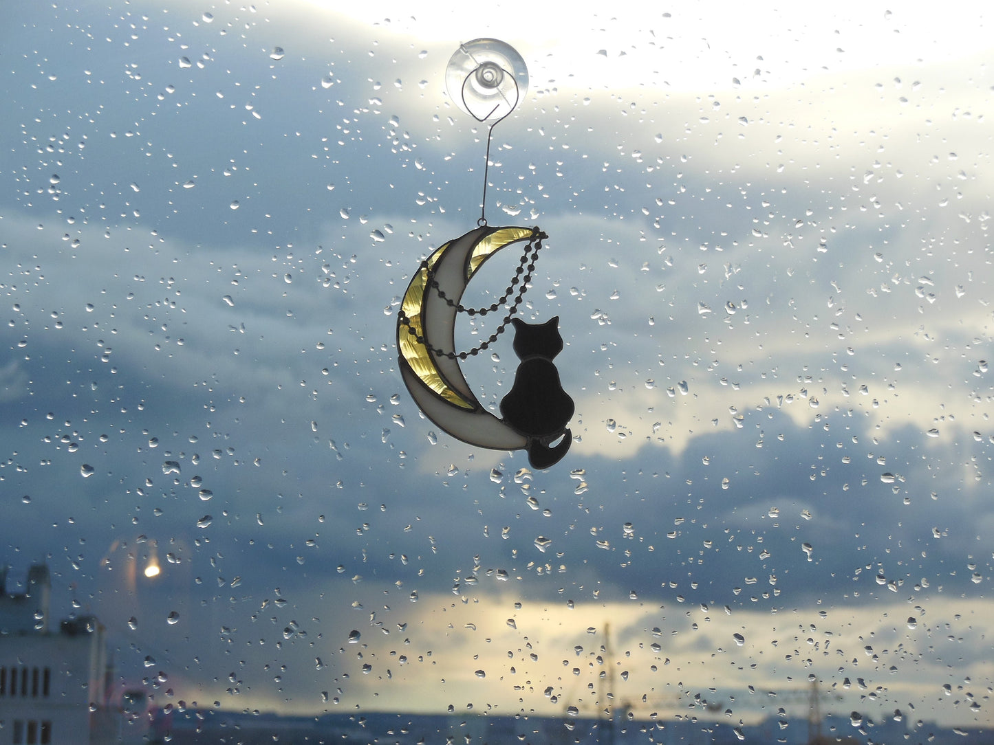 Black Cat On Moon with Chains . Art stained glass hanging Suncatcher . Gift for animal lover , pet loss memorial . White , yellow , black