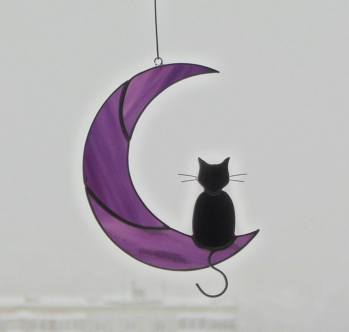 Black Cat On The Purple Moon . Art stained glass window hanging Suncatcher . Gift for animal lover , pet loss memorial . Purple and black