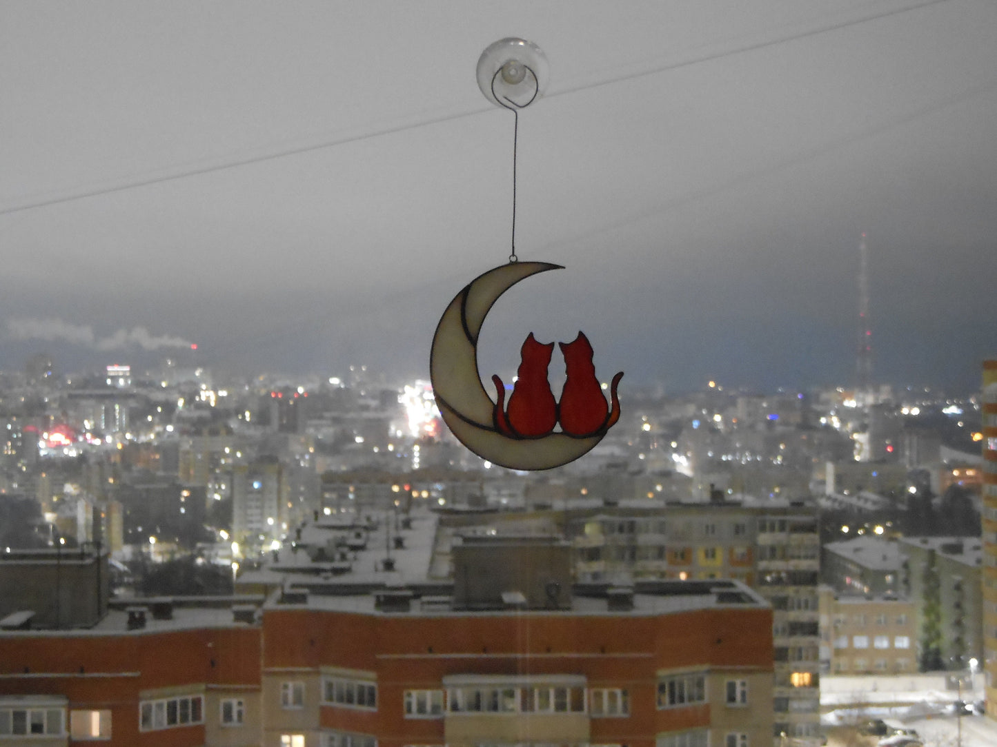 Two Ginger Cats On Moon . Stained glass window hanging Suncatcher . Gift for animal lover , pet loss memorial , orange 2