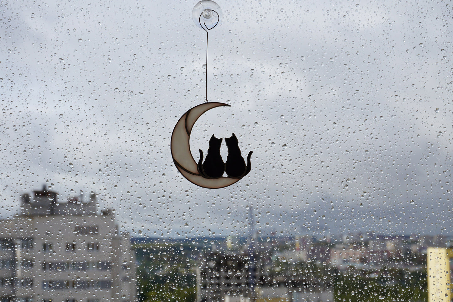 Two Black Cats On The Moon . Stained glass window hanging Suncatcher . Gift for animal lover , pet loss memorial 2