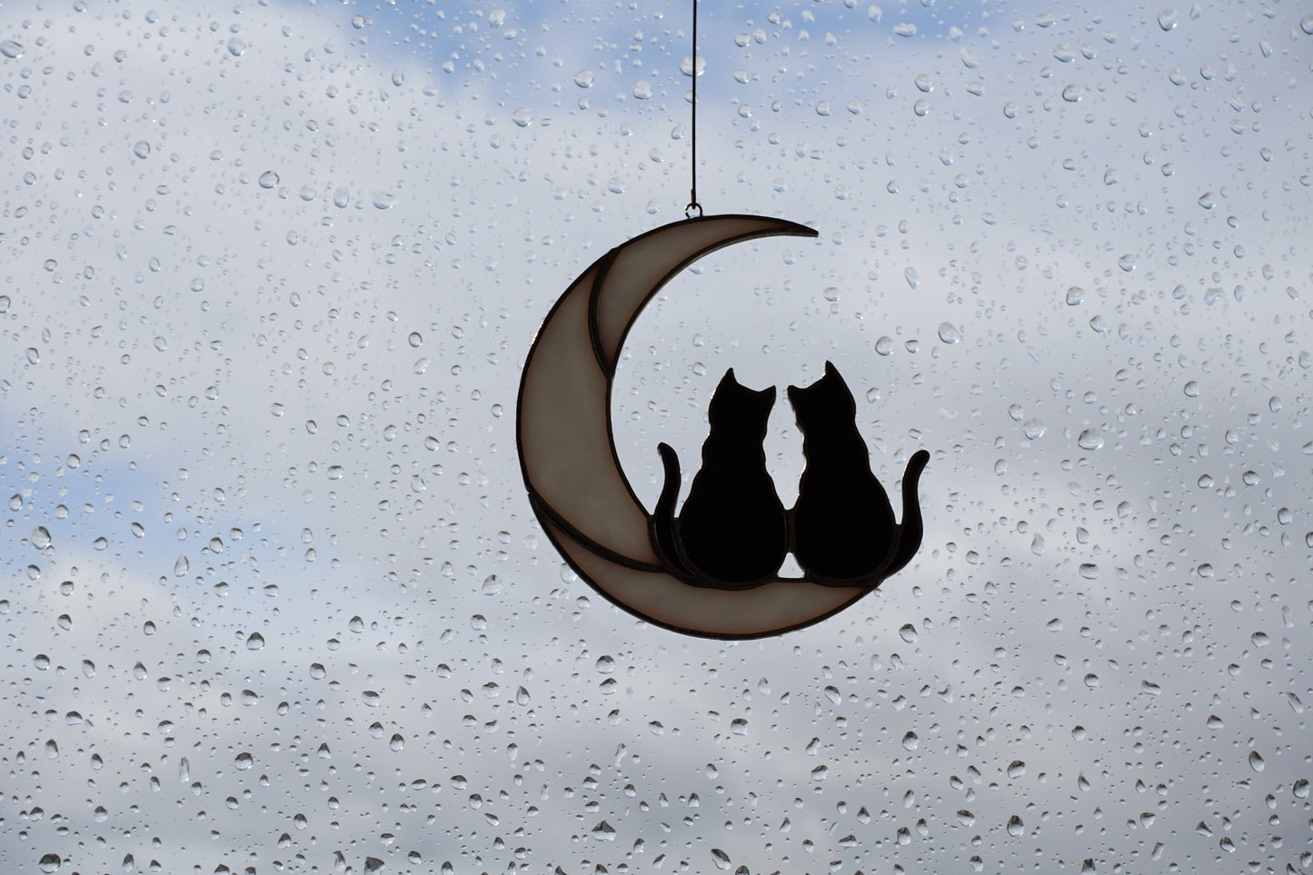 Two Black Cats On The Moon . Stained glass window hanging Suncatcher . Gift for animal lover , pet loss memorial 2