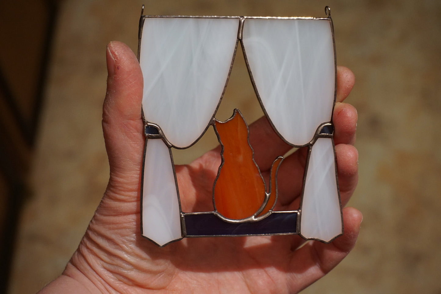 Orange Cat in the Window Stained glass window hanging Suncatcher . Gift for animal lover , pet loss memorial . ginger