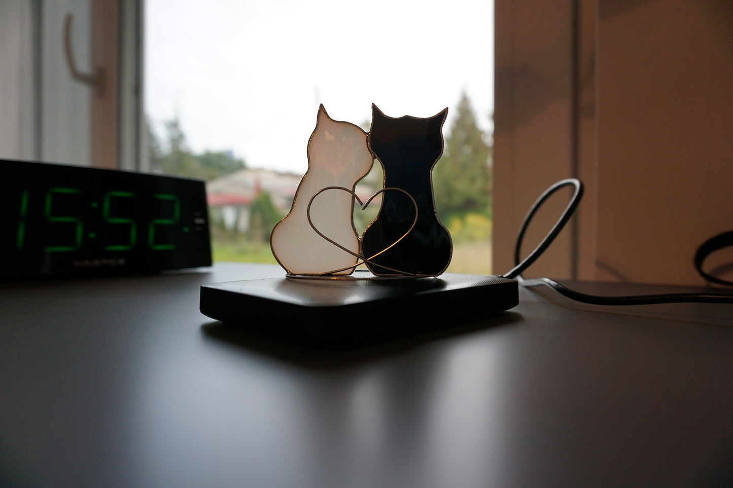 Couple in love Two Cats Stained glass hanging and standing on table , shelf sitters , Suncatcher black , white 2. Cute gift for animal lover