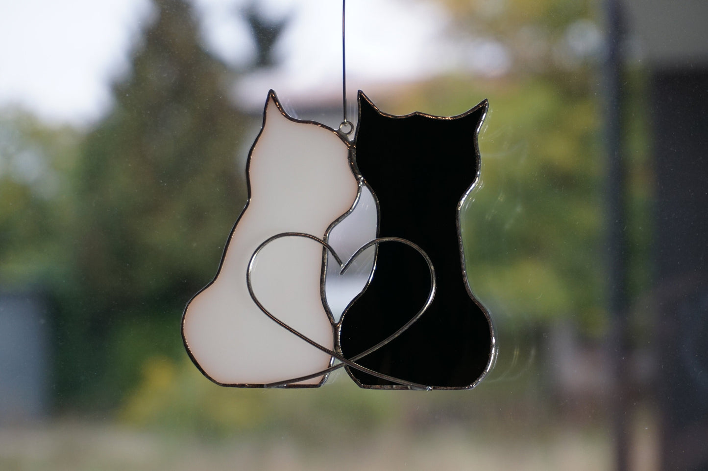 Couple in love Two Cats Stained glass hanging and standing on table , shelf sitters , Suncatcher black , white 2. Cute gift for animal lover