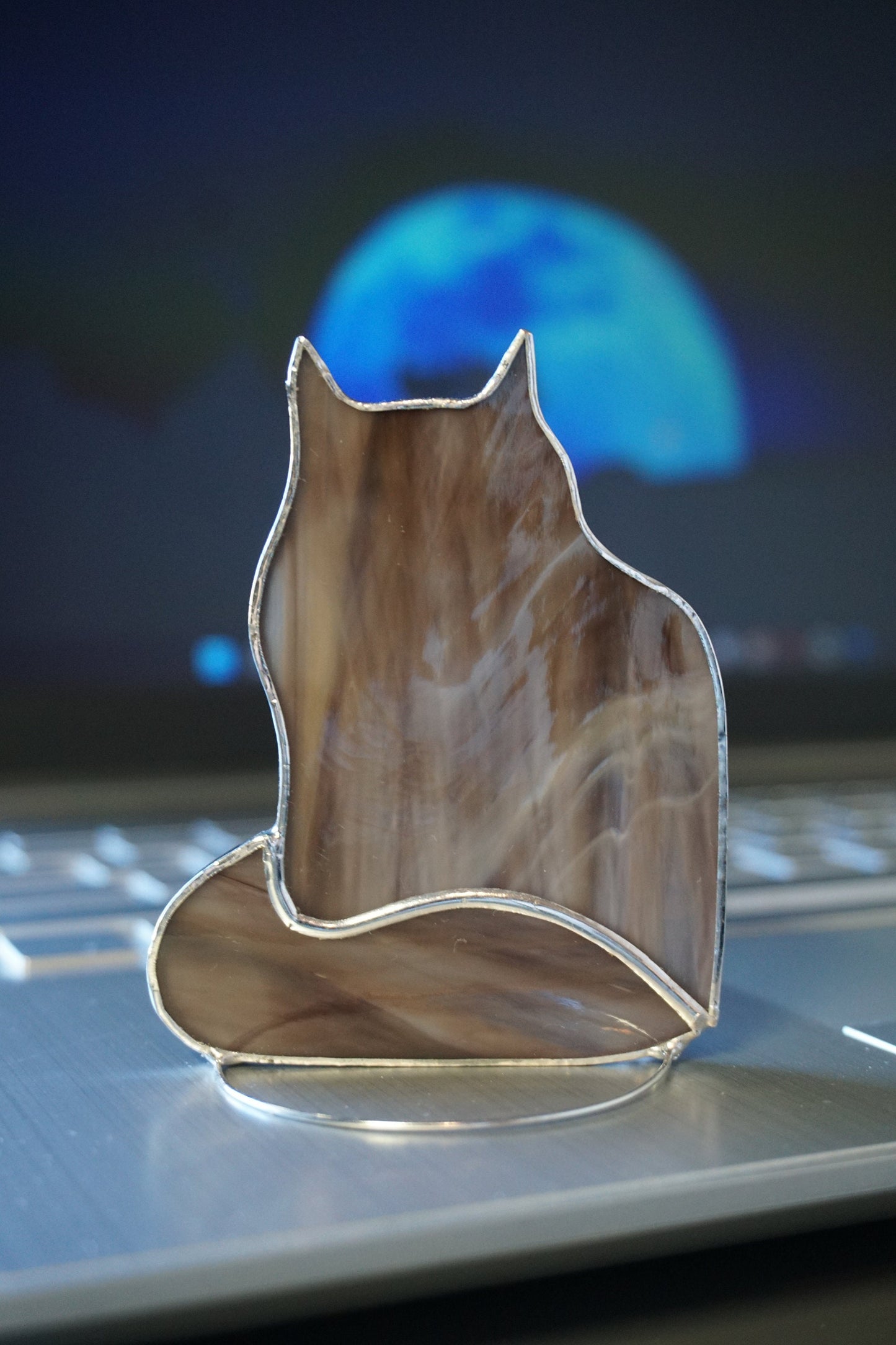 Fluffy Long Hair Cat , Stained glass window hanging or sitters on shelf Suncatcher , black , white , gray , brown mottled , cocoa , amber