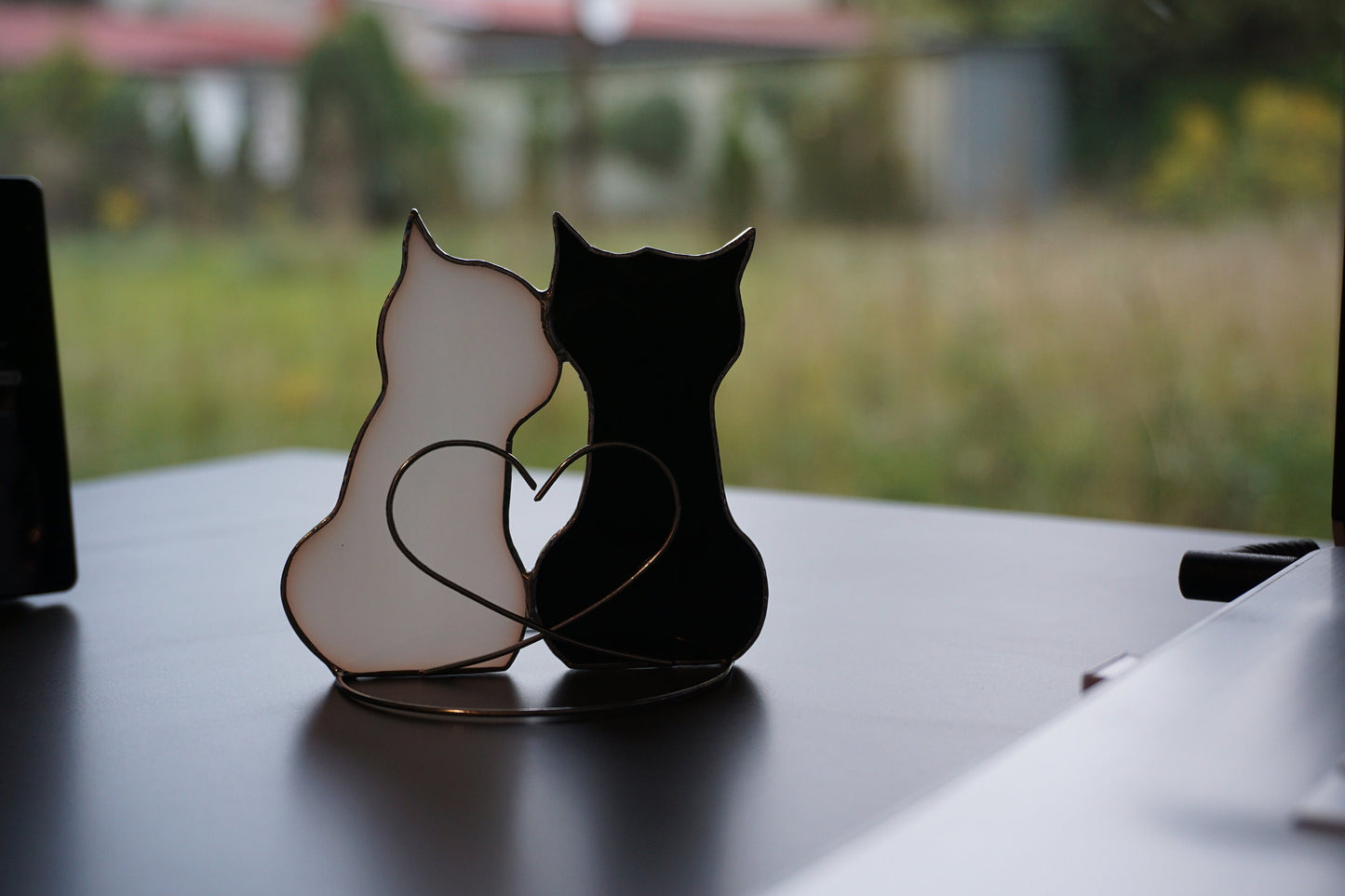 Couple in love Two Cats Stained glass hanging and standing on table , shelf sitters , Suncatcher black , white 2. Cute gift for animal lover