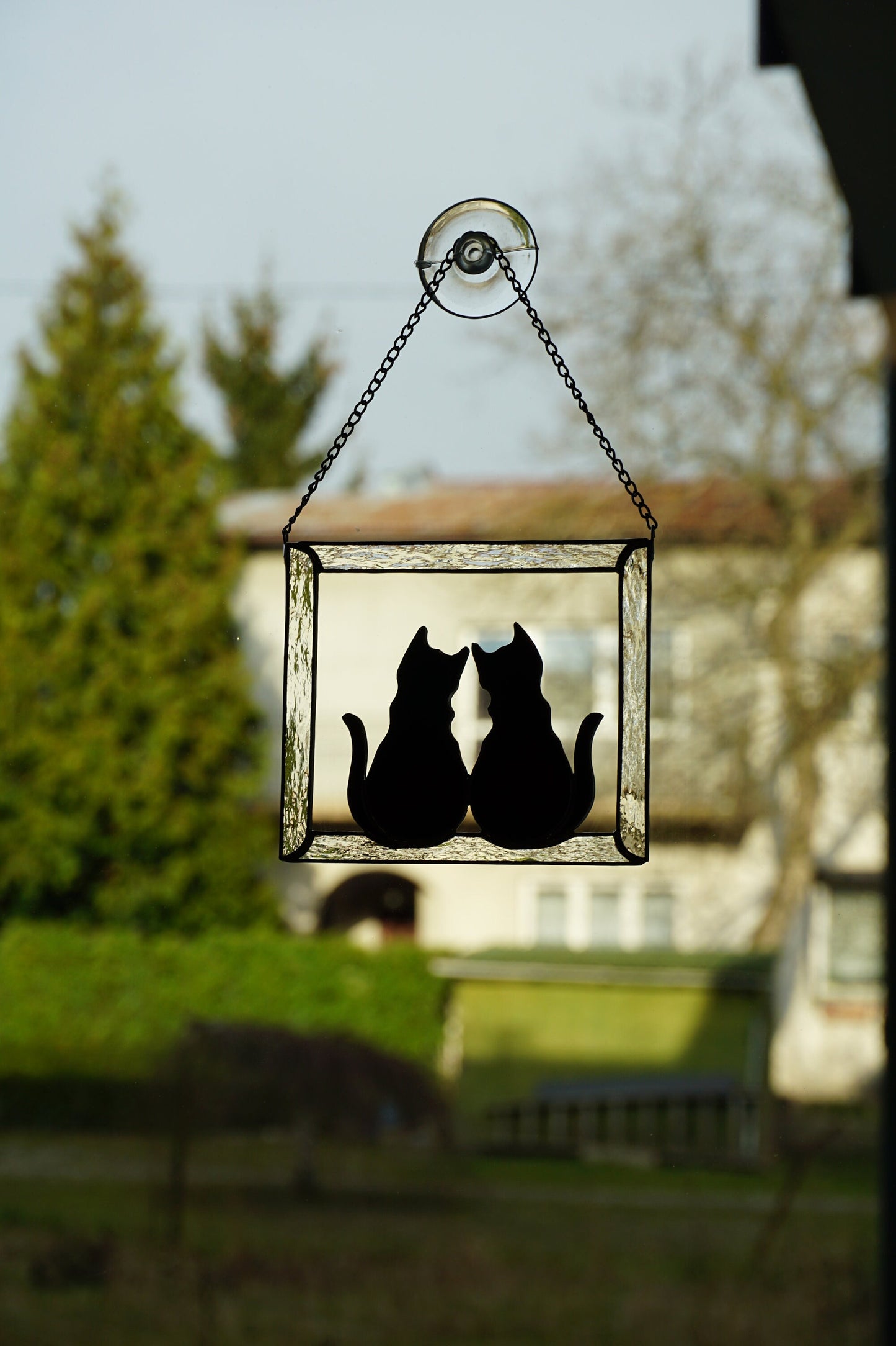 Two Black Cats in Frame Stained glass window hanging Suncatcher . Gift for animal lover , pet loss memorial