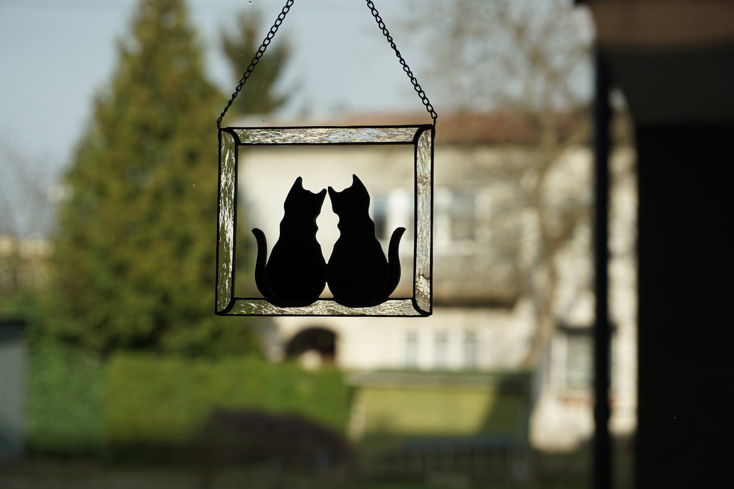 Two Black Cats in Frame Stained glass window hanging Suncatcher . Gift for animal lover , pet loss memorial