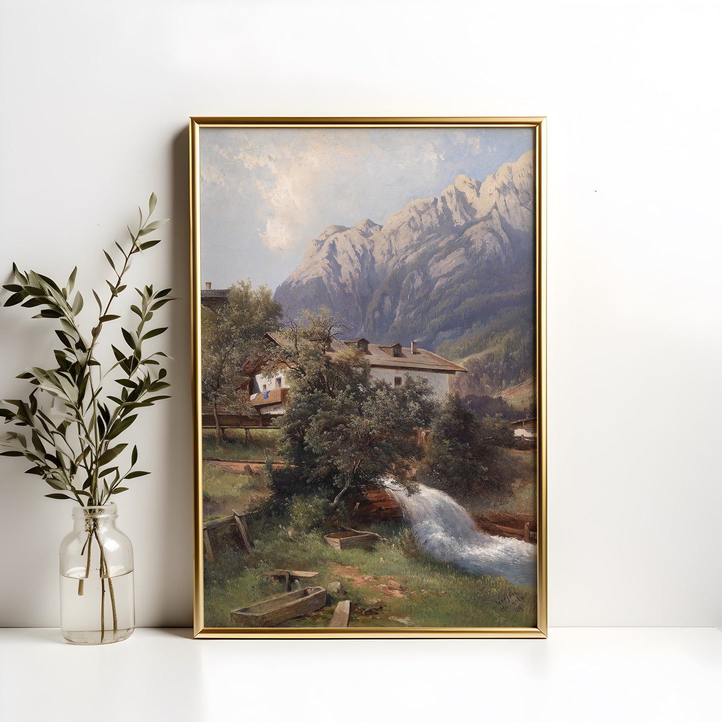 Carl Haunold, Austrian village in the mountains, original antique painting, oil, vintage, Printable art instant download, SKU K-CH70