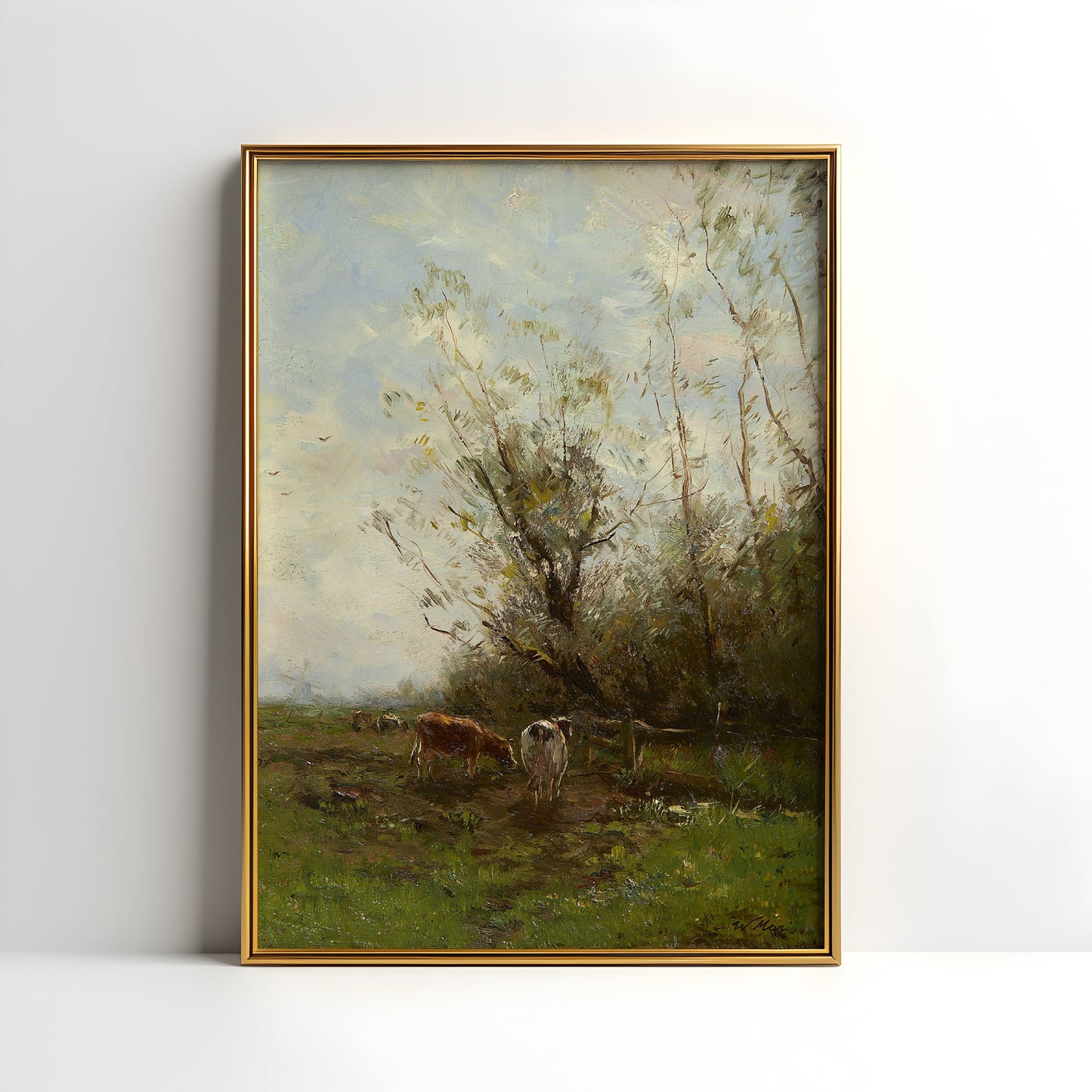 Willem Maris, Polder landscape with cows, original antique painting, oil, vintage, Printable art instant download, SKU K-WM96