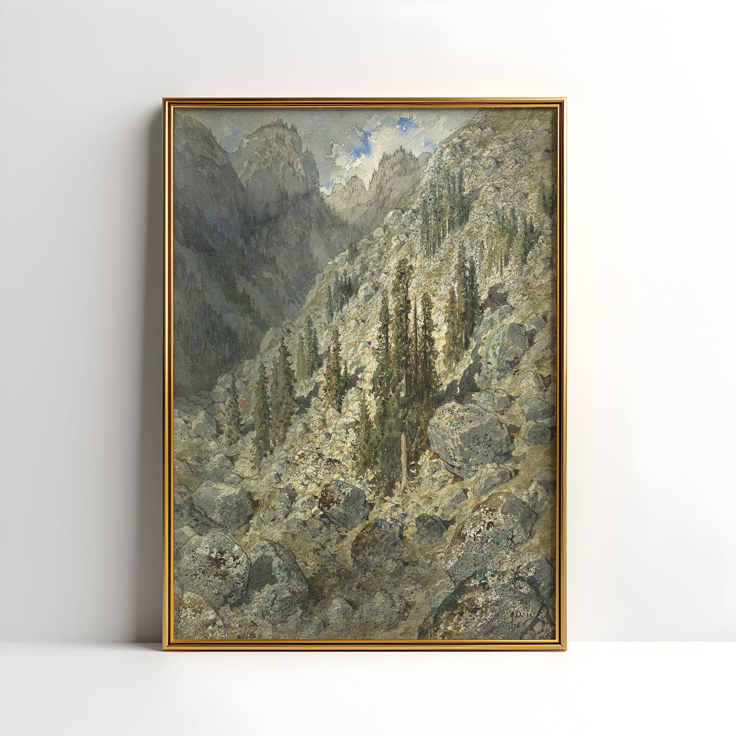 Mountains, Gustave Dore, Lake near Ischl, original antique painting, watercolour, vintage, Printable art instant download, SKU K-GD108