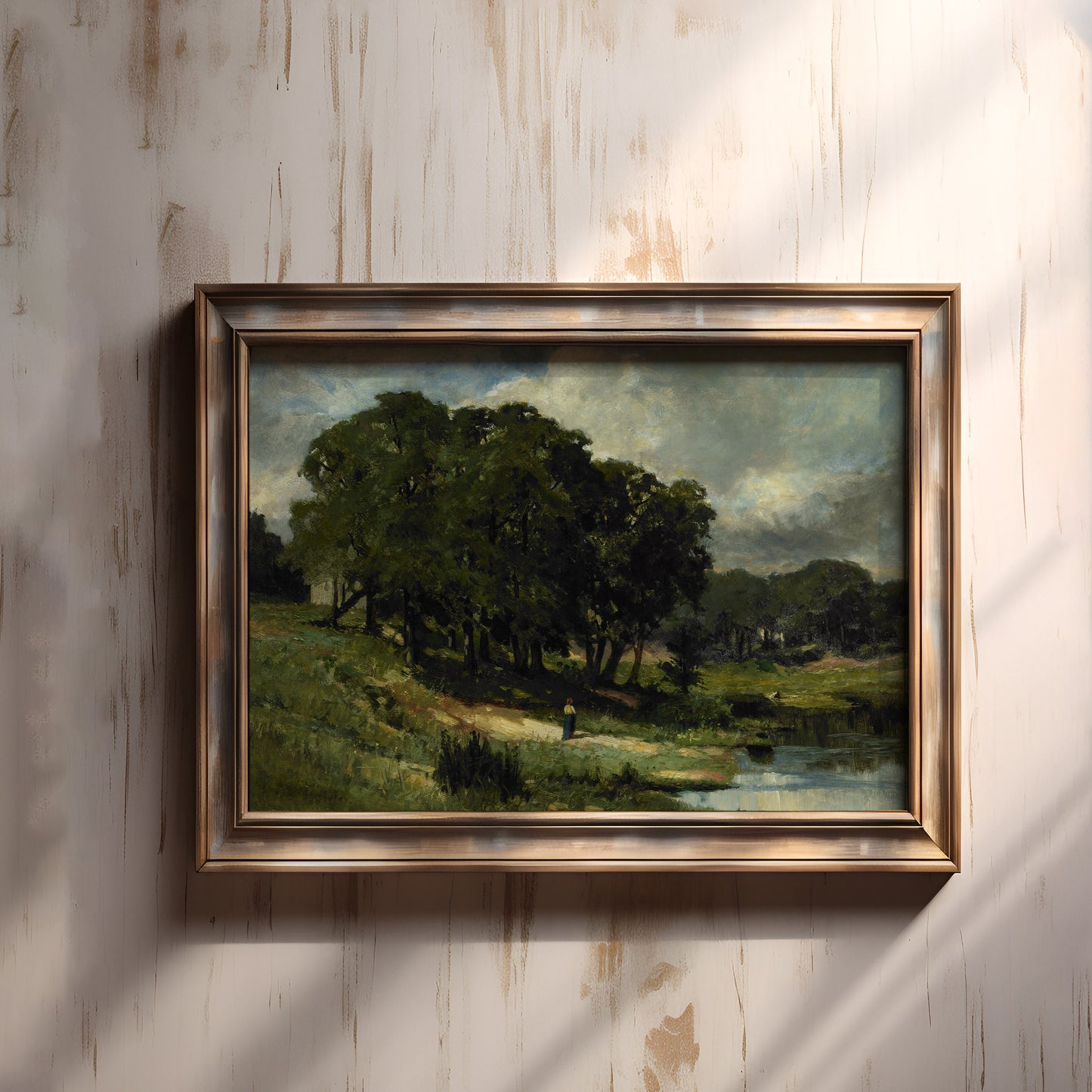 Rustic Landscape - Woman near a Pond, oil original antique painting, vintage, Printable art instant download, Bannister, SKU 140-EMB