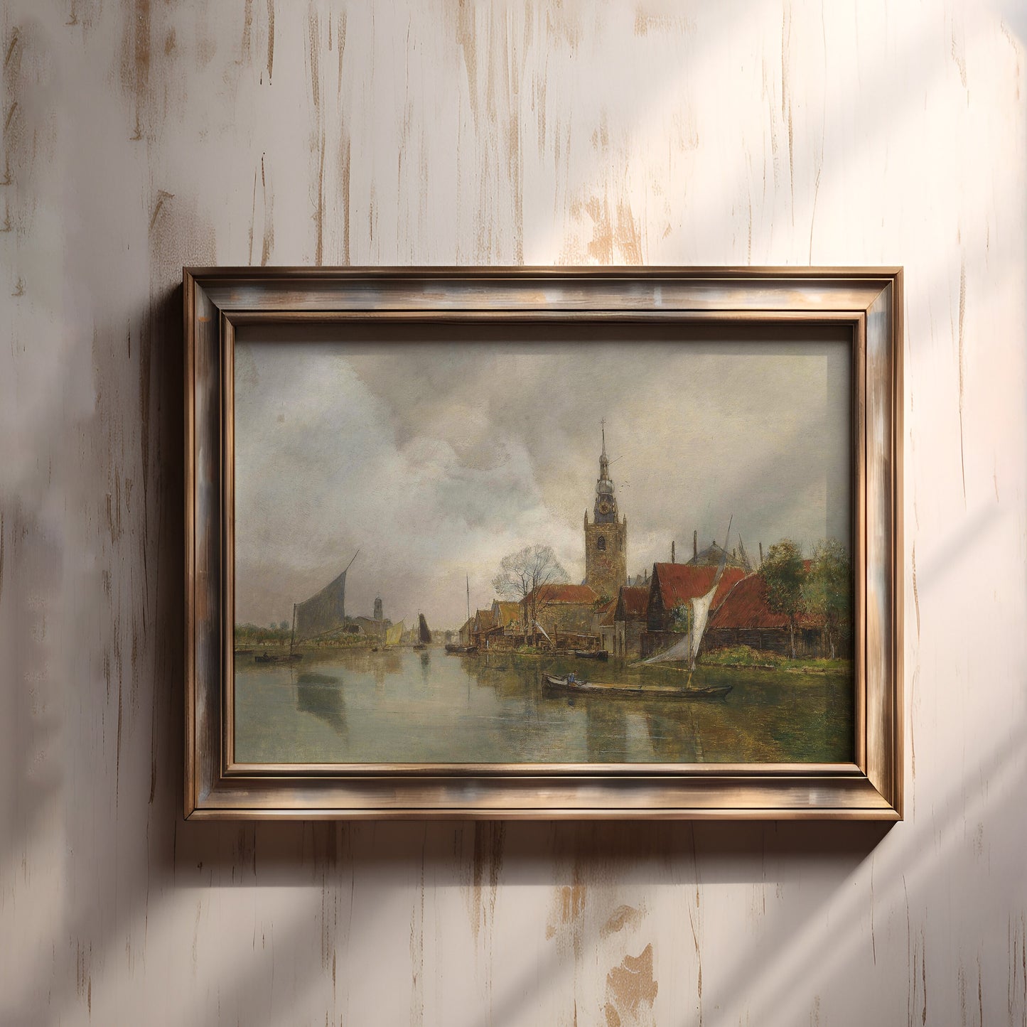 Rudolf Ribarz River in Rotterdam, Urban Landscape, original antique painting oil, vintage, Printable art instant download, SKU 159-RR