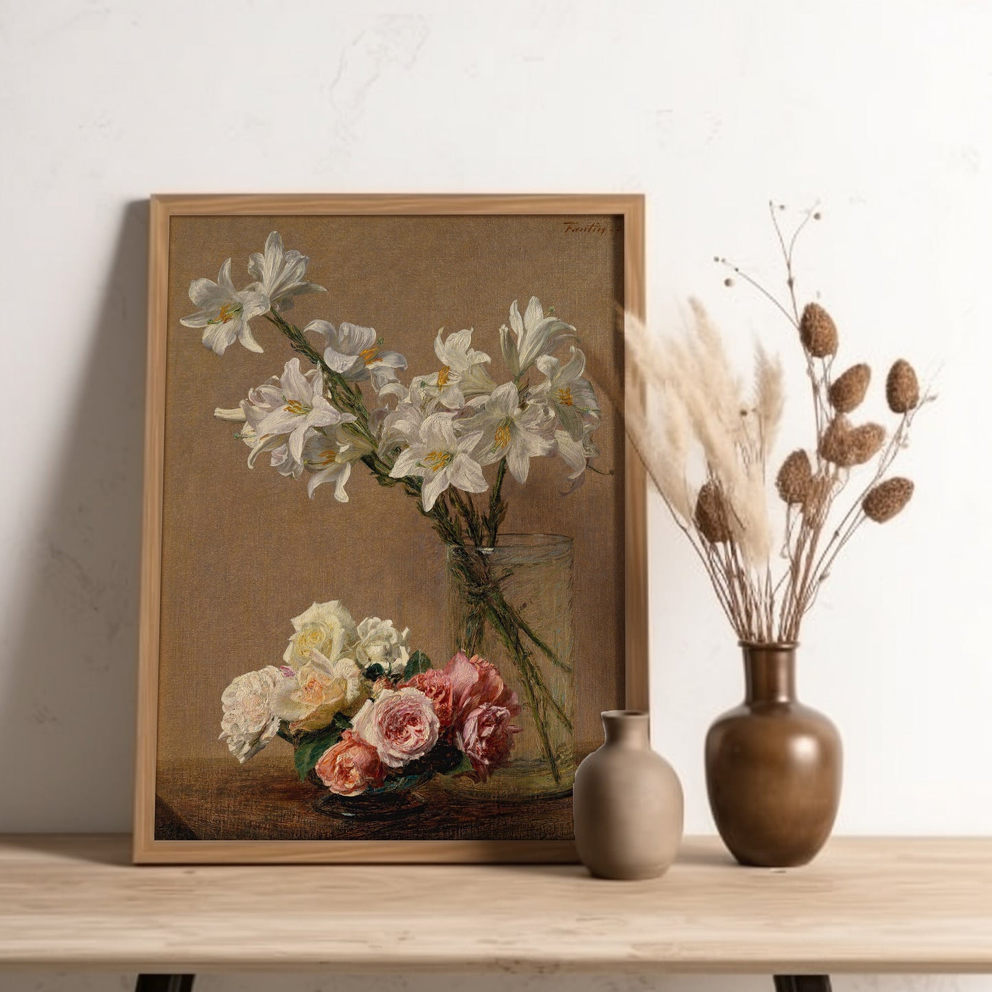 Flowers, Henri Fantin-Latour, Roses and Lilies, original antique painting, oil vintage, Printable art instant download, SKU K_HFL.17