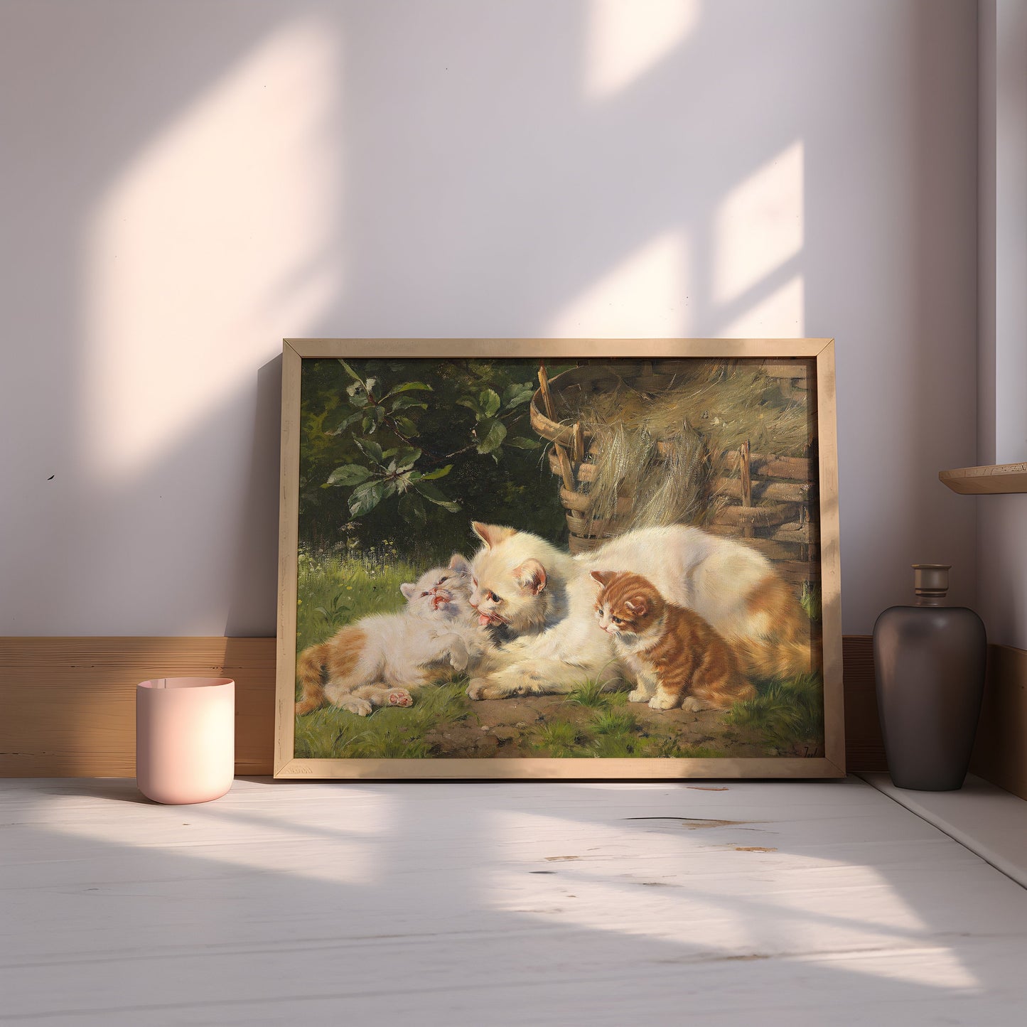 Julius Adam, Cat with two kittens, oil, cute antique painting vintage, animal lover gift, Printable art instant download, SKU 29K_JA.29