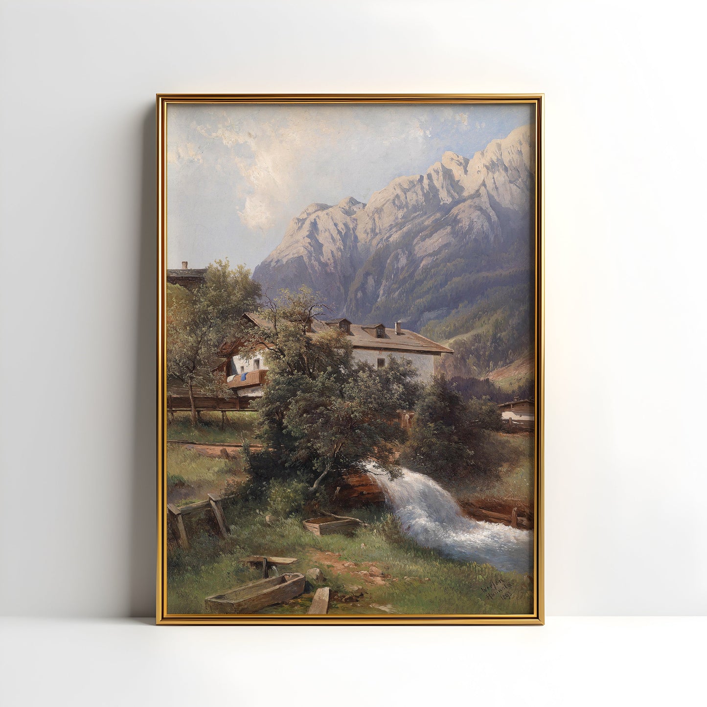 Carl Haunold, Austrian village in the mountains, original antique painting, oil, vintage, Printable art instant download, SKU K-CH70