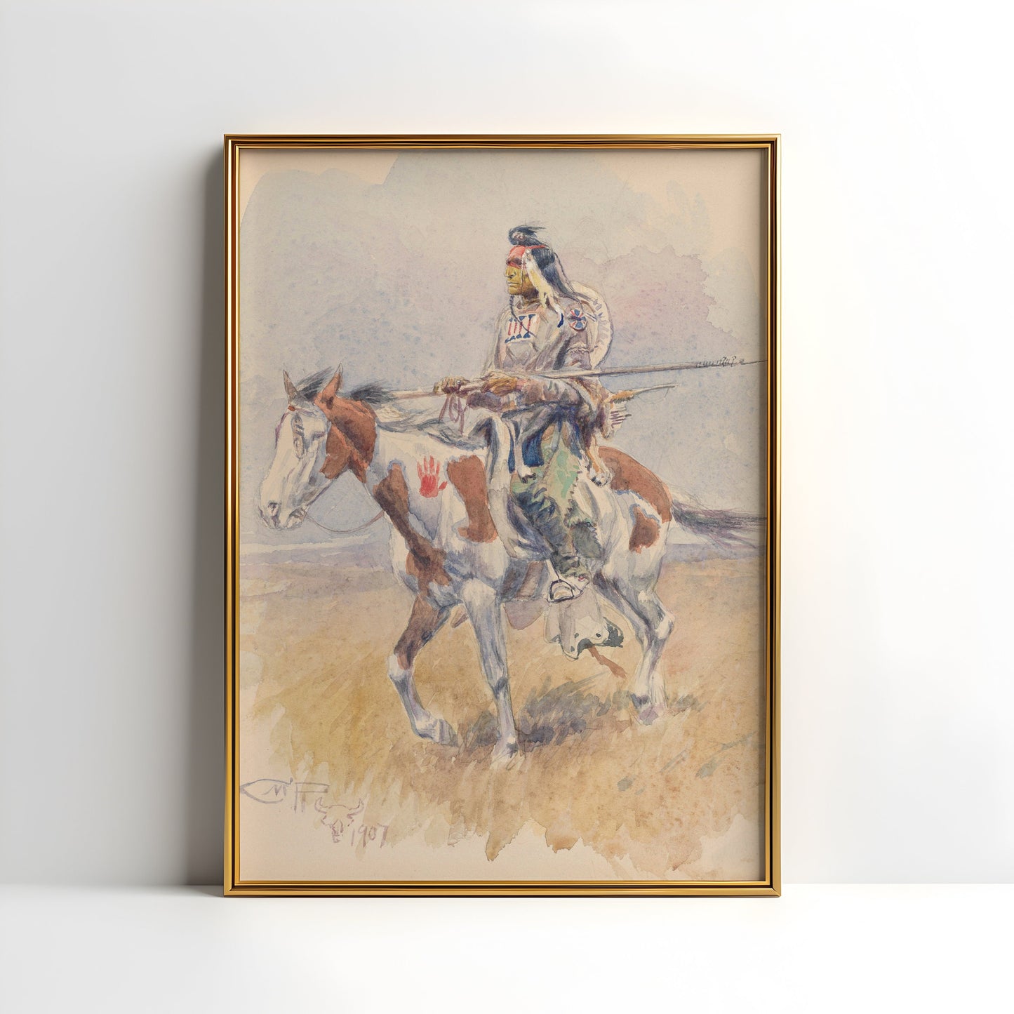 Charles Marion Russell - Indian on Horseback, antique watercolour painting, vintage, Printable art instant download, SKU 188CMR